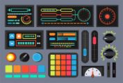 Graphic of control console with colorful nobs, dials, buttons, gauges, and sliders