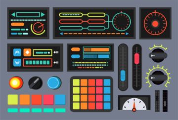 Graphic of control console with colorful nobs, dials, buttons, gauges, and sliders