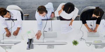 Arial view of call center employees working