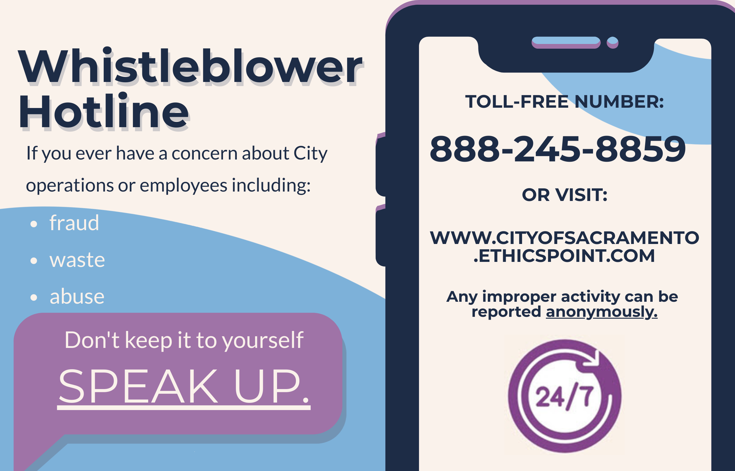 Whistleblower Hotline advertisement displaying toll free number 888-245-8859, web address www.cityofsacramento.ethicspoint.com, identifying that any improper activity can be reported anonymously 24/7, and that if you ever have a concern about City operations or employees including fraud, waste, or abuse don't keep it to yourself, speak up.