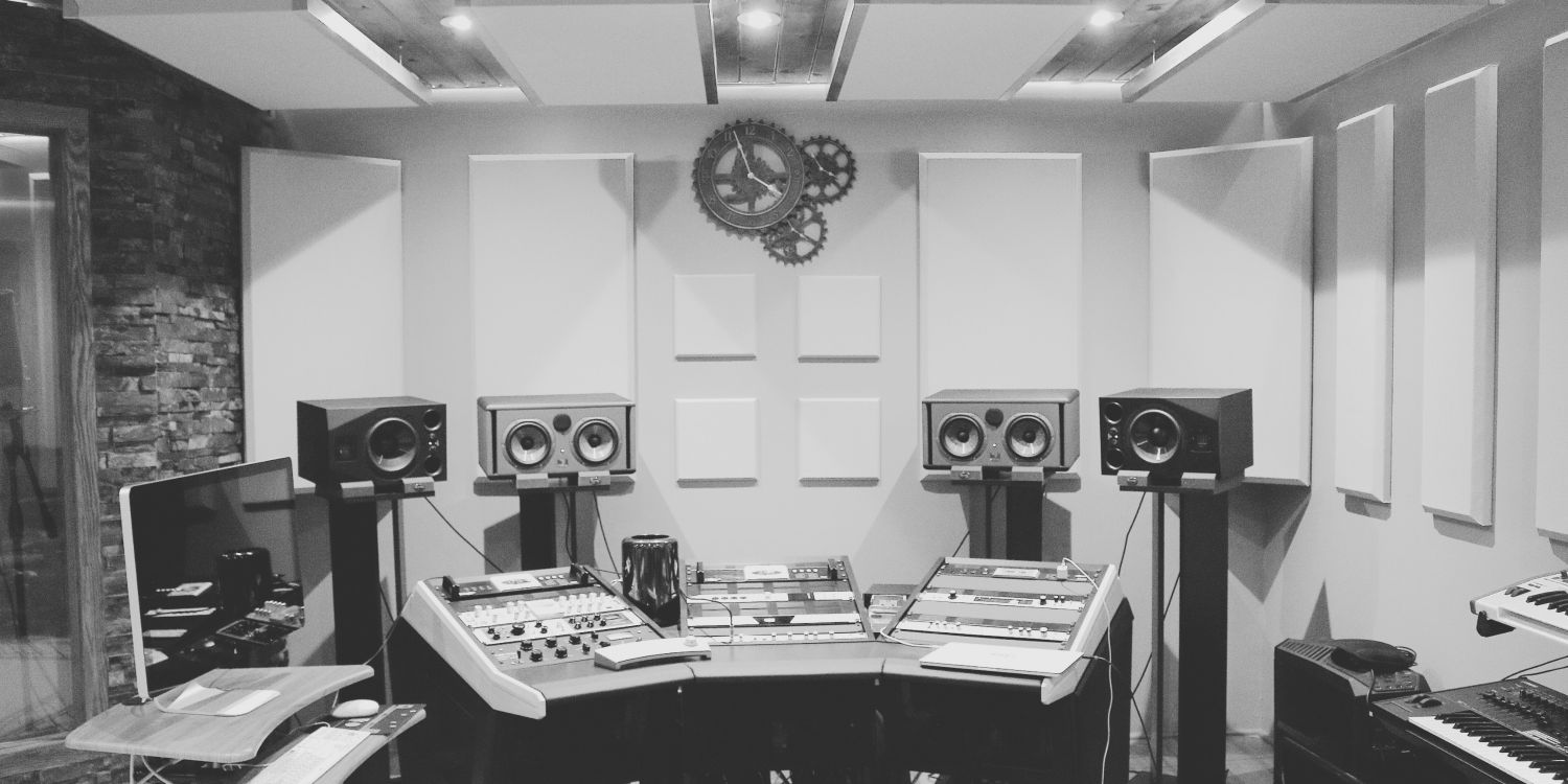 Sound mixing equipment, black and white photo 