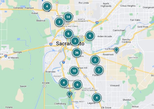 Map of public art across the city of sacramento. Map dipicts locations of public art with dots.