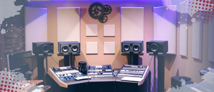 Recording studio with mixing boards, speakers, piano, monitor.