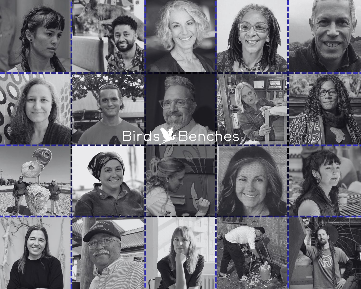 A collage of images of people, mainly faces, with a few people shown by large artworks.