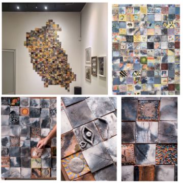 A collage of images shows clay tiles. Detail images show tiles with imprints of leaves and stalks of plants. A colorful tile looks like a carnation of many colors - blue, orange, green, and mauve.  another shows and eye with a heart; another a sun. There is an image of 48 tiles in a grid with a hand holding a tile third row from bottom, forth column from left. this tile has a face on it with curly hair, mouth open as if singing, eyes closed. The top two images are wide shots, One of at least 100 colorful tiles and the other a wider view of at least 150 tiles arranges in an abstract shape on a gallery wall.