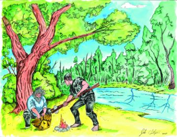 A drawing of two people by a riverside surrounded by trees. One figure, a woman wearing a blue shirt and black pants with long hair flowing in the breeze holds a Native American basket by the handles with both hands while the other, a young man dressed in a black T-shirt and black pants and a black cap over short-cropped hair, holds two long sticks. With these sticks, he pulls a stone from the fire that is between them and leans forward to place it in the basket.