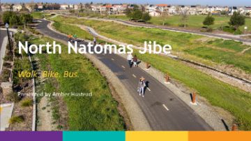 A presentation slide with a bike trail image as background. The trail runs diagonally through the frame flanked on either side by greenery. The Title on the slide reads North Natomas Jibe