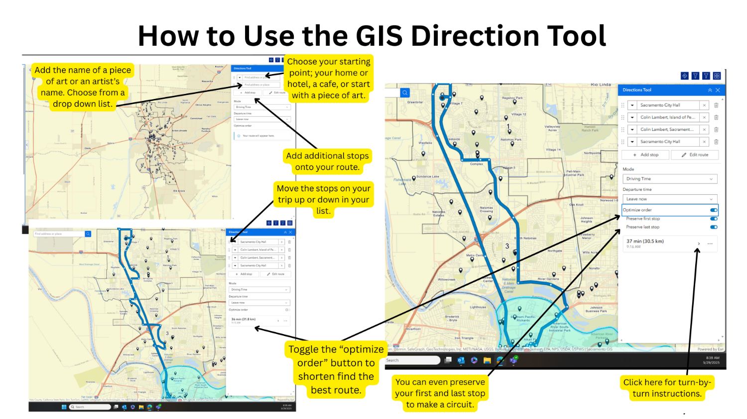 Screenshot with call outs of text explaining how to use the directions tool