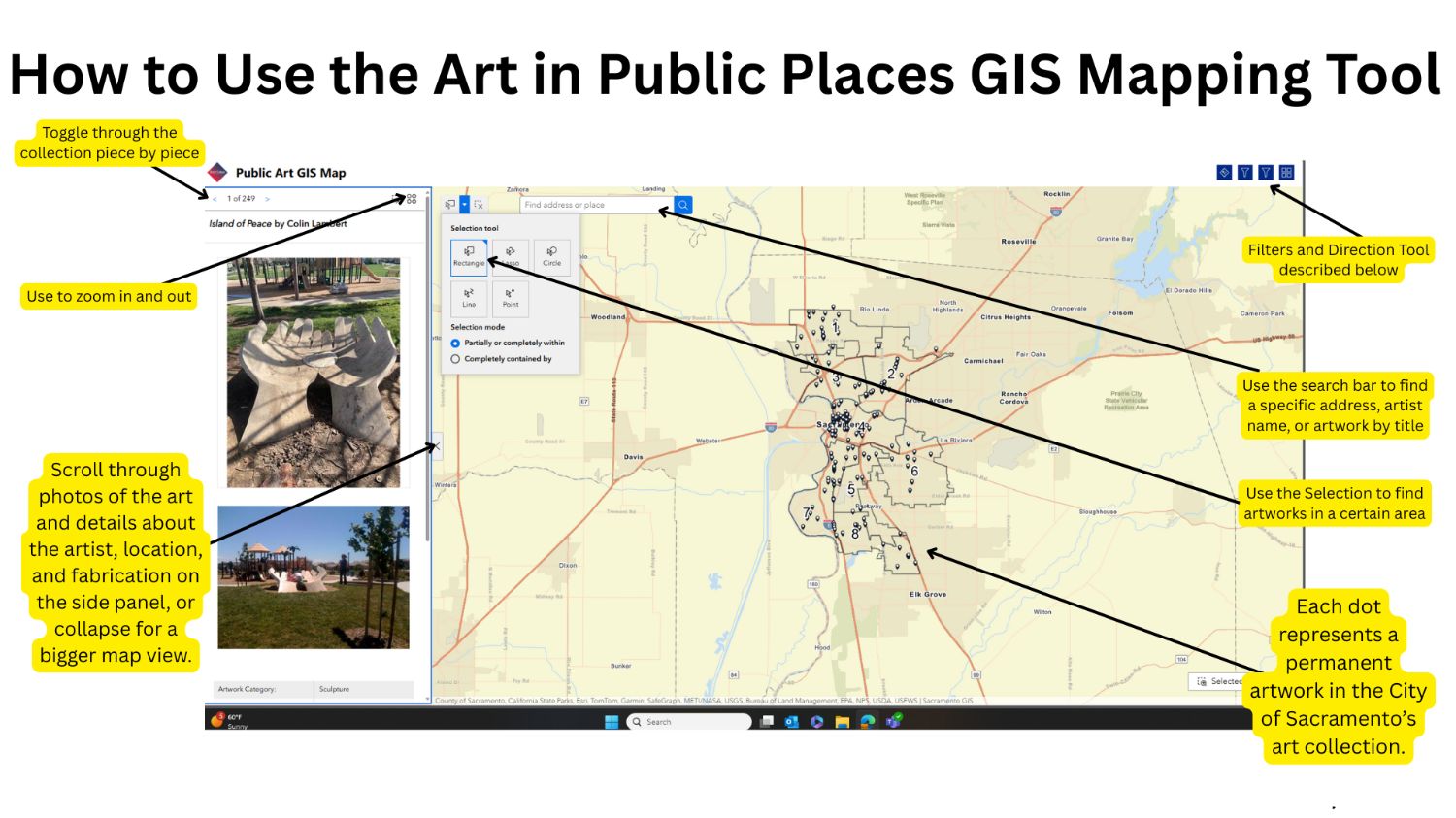 GIS map with callouts for tabs and drop-down menus