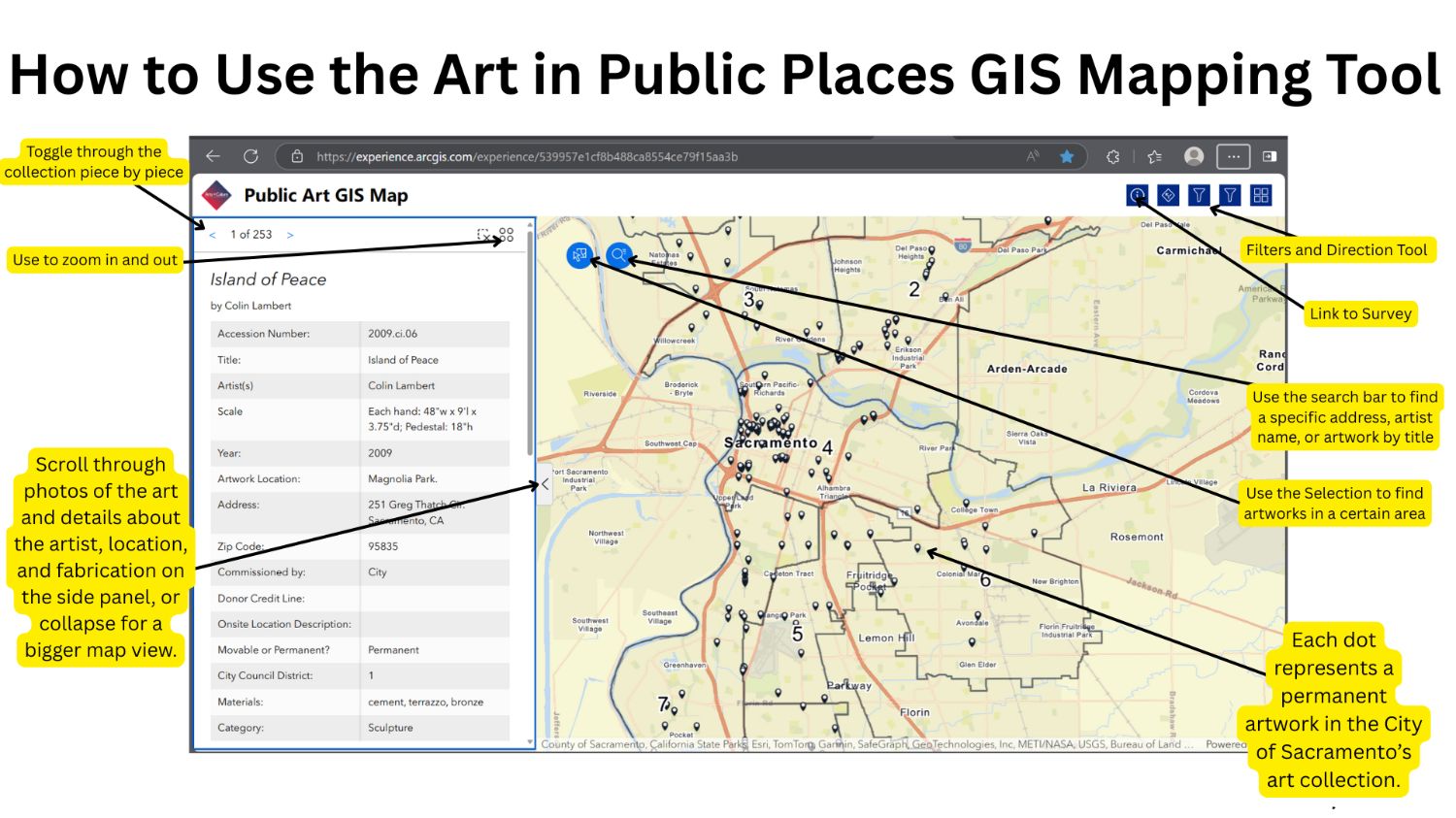 GIS map with callouts for tabs and drop-down menus