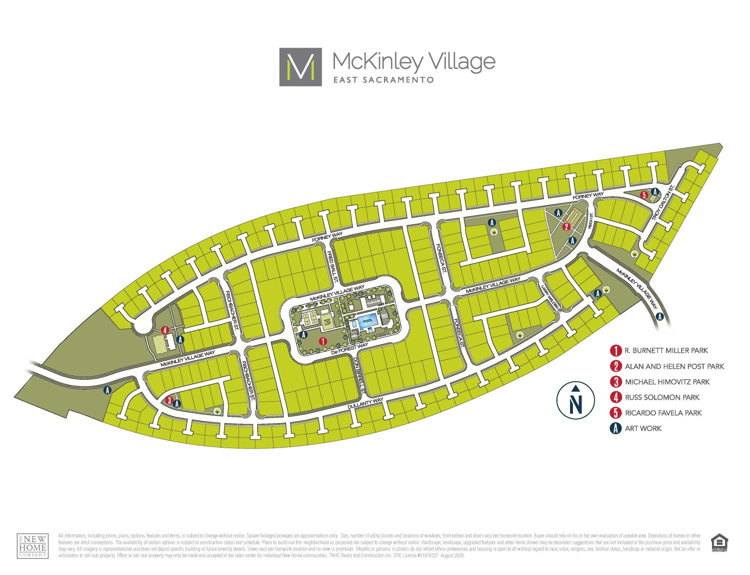 A design rendering of a leaf-shaped neighborhood with streets, parks and public artwork lebeled.