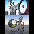 Free-form, organic sculpture. Circular shape adjacent to a rough animal shape