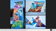 Three panels of a mural shows students of various ethnicities studying, reading, researching, and learning