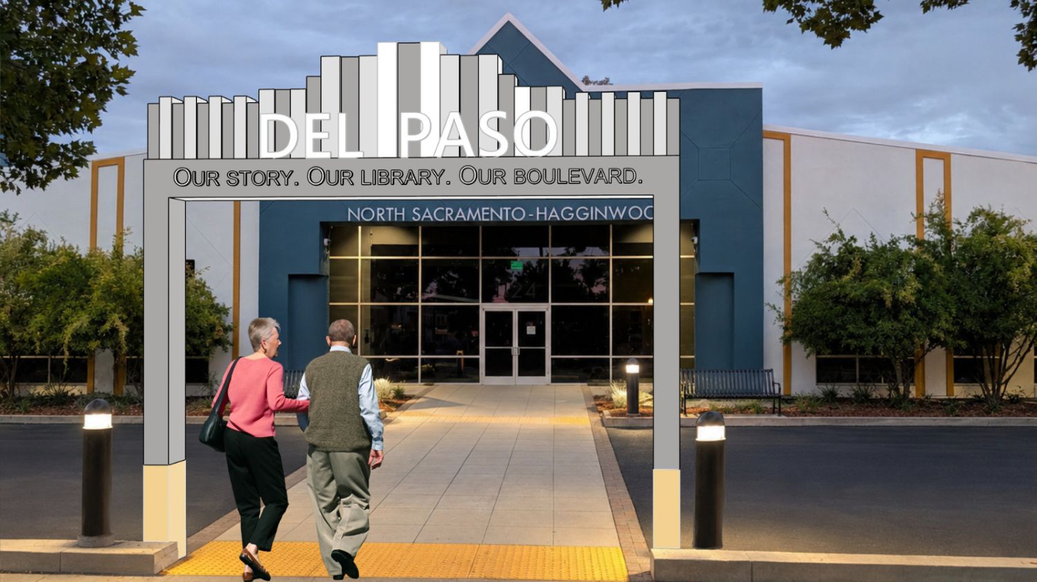 A photoshop image of the Del Paso Hagginwood Library entrance with a proposed art structure in front of the building along the sidewalk. The art is an archway of books there are people shown walking beneath it for scale.