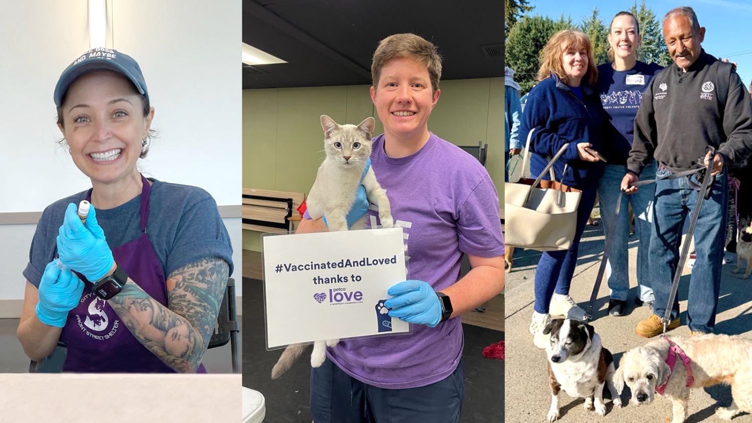 A clinic worker wearing a purple apron, another clinic worker holding a cat and a sign, and dog owners bringing their dogs to the clinic