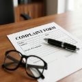 a white form on a wooden desk with a pen and pair of eyeglasses on top of the form