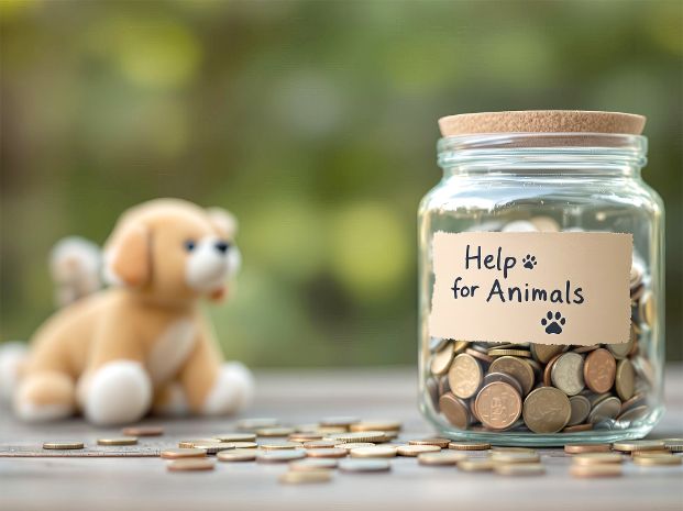 Charity jar for animal donations with coins on the surface and a plush dog in the background