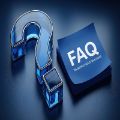 a blue question mark in a reflective glass-like material next to a blue stack of paper with the words FAQ and frequently asked questions on it in white color, set on a navy blue background