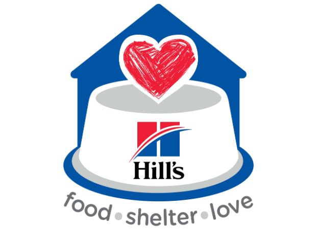 a pet food bowl with a red heart above it against a silhouette of a home, a logo of Hill's Pet on the bowl, and the words food, shelter, and love below the bowl