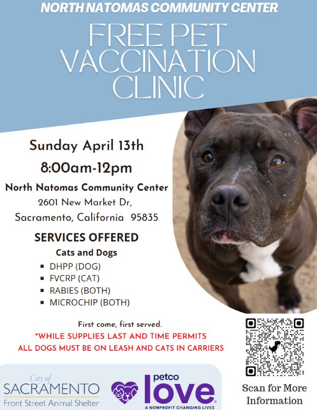 Sunday April 13 8:00 am to 12:00 pm at the North Natomas Community Center located at 2601 New Market Drive