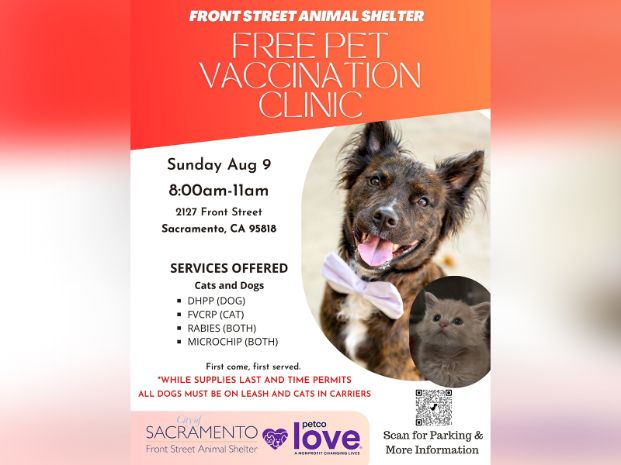 Free vaccination and microchip clinic for dogs and cats on August 9, 2026 at the Front Street Animal Shelter