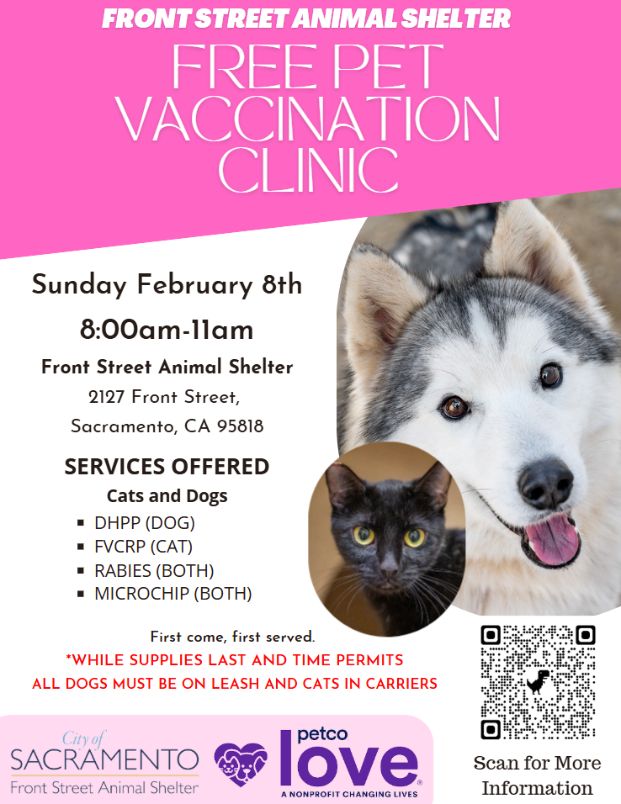 February 2026 free vaccination and microchip clinic flyer