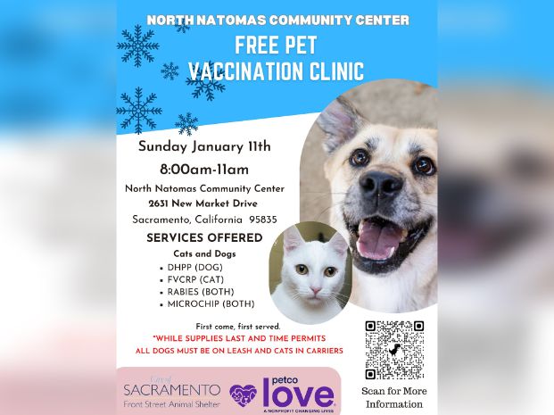a flyer showing the next free vaccination clinic at North Natomas Community Center on Sunday January 11