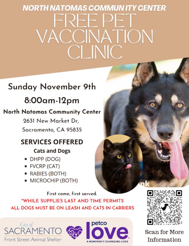 a flyer showing the next vaccine clinic at North Natomas Community Center on Sunday November 9