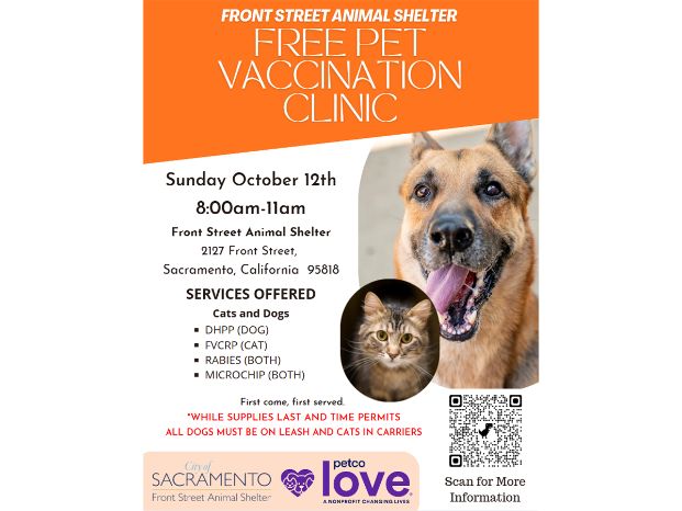 flyer for the free monthly vaccination and microchip clinic on Sunday October 12