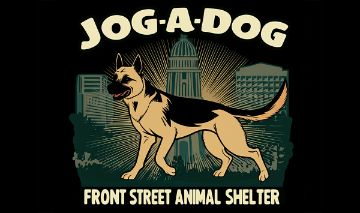 an animated drawing of a black and tan German Shepherd dog posing in front of the Sacramento city buildings and the word Jog-A-Dog across the top and Front Street Animal Shelter across the bottom