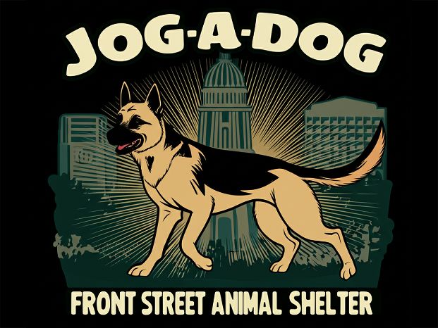 an animated drawing of a black and tan German Shepherd dog posing in front of the Sacramento city buildings and the word Jog-A-Dog across the top and Front Street Animal Shelter across the bottom