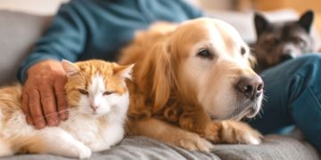 A man sitting on the couch with a golden retriever dog and an orange and white colored cat with the man's hand petting the cat