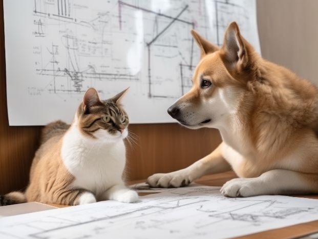 cat and dog laying on top of architectural plans on the table and more sketches pinned to the wall