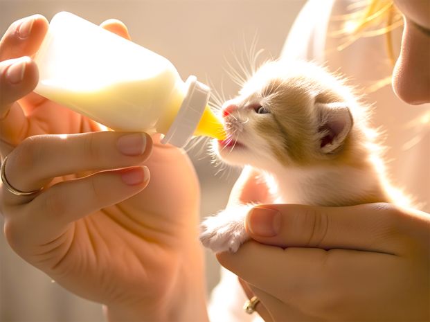 a woman holding an orange and white kitten in one hand and a formula bottle in the other hand to feed the young kitten