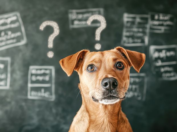 Dog thinking with question marks above its head and sitting in front of a chalkboard