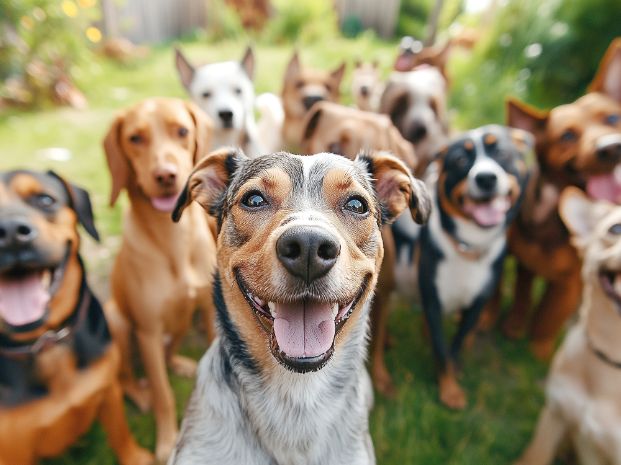 Many different dogs looking at the camera while one dog in front is taking a selfie on a cell phone.