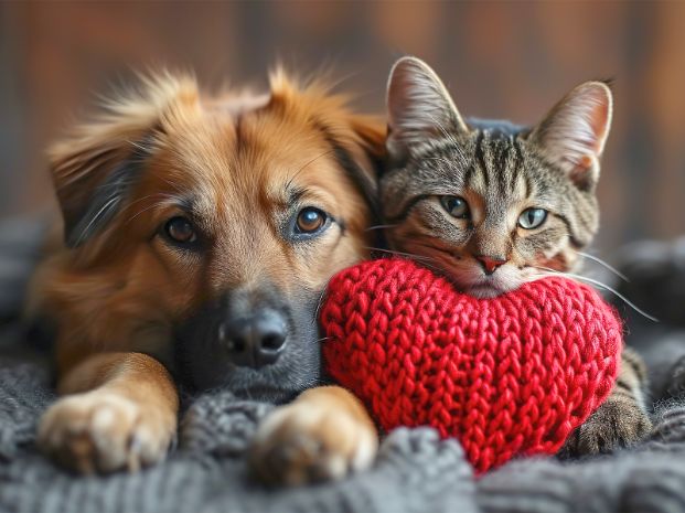 a furry brown dog and a brown tabby cat laying side by side with a knitted red heart underneath the cat's chin