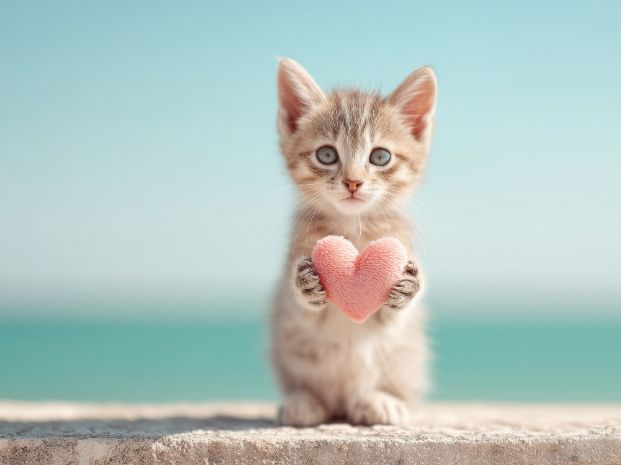 a kitten sitting up on its hind legs and holding a fuzzy pink heart in its front paws