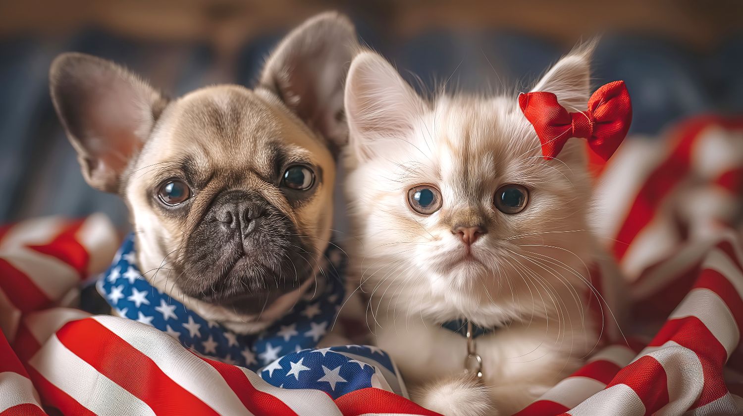 a dog and a cat laying side by side with an American flag draped around them