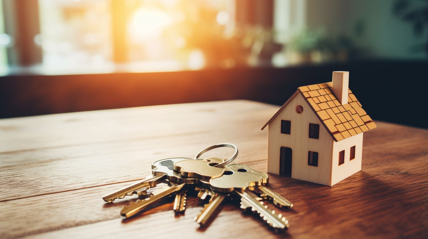 miniature home with a group of house keys on a table with sunshine coming through a window of the house