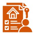 orange graphic with check list, house, key and person