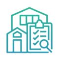 teal colored graphic of two housing buildings and a clipboard with checklist and magnifying glass