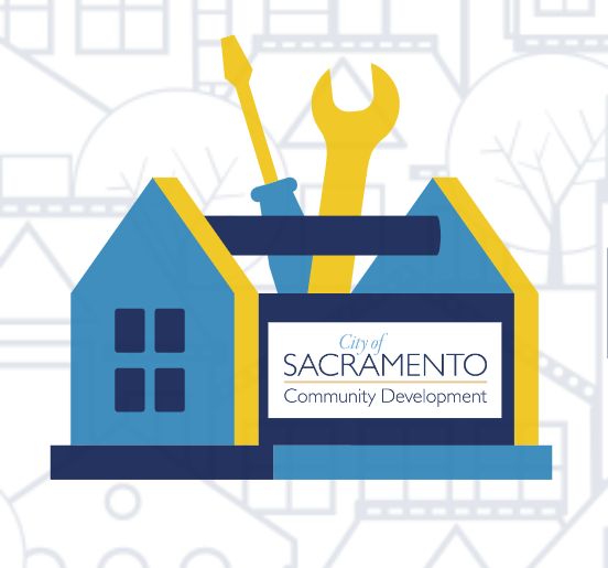 graphic of a light blue, navy blue, and yellow tool box with community development logo