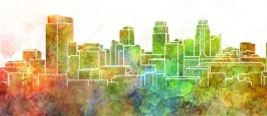 watercolor city scape of tall buildings