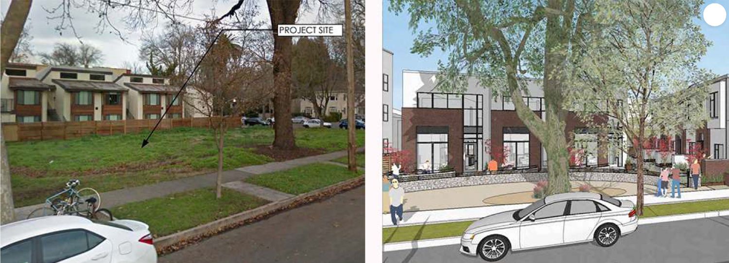 Side by side mockup of a vacant lot and possible developments with a rendering showing new buildings, walkable pedestrian path and landscaping.