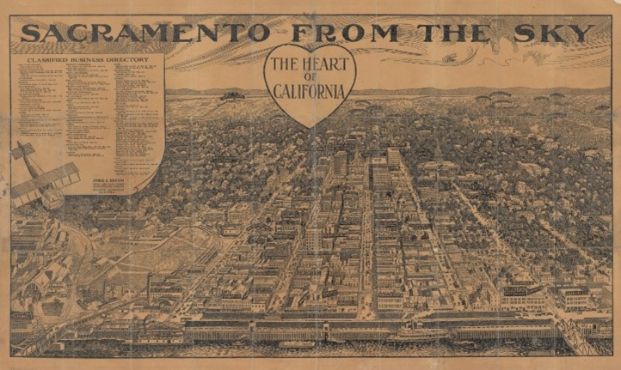 Bird eye view of Sacramento, with a directory of classified businesses.