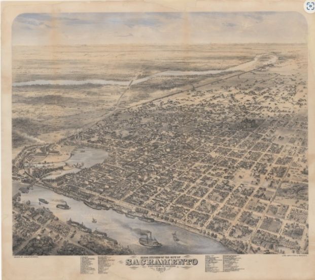 Bird's eye view of Sacramento in 1870