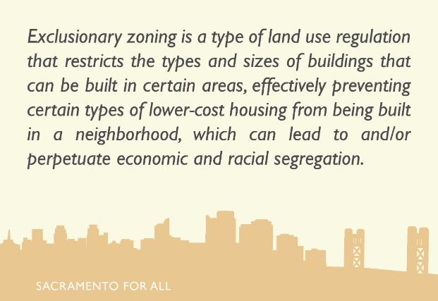 Exclusionary zoning is a type of land use regulation that restricts the types and sizes and buildings that can be built in certain areas, effectively preventing certain types of lower-cost housing from being built in a neighborhood, which can lead to and/or perpetuate economic and racial segregation.