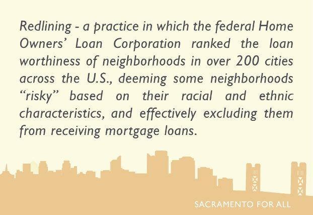 Redlining, a practice in which the federal Home Owner's Loan Corporation ranked the loan worthiness of neighborhoods based on their racial and ethnic characteristics, effectively excluding "risky" neighborhoods from receiving mortgage loans.