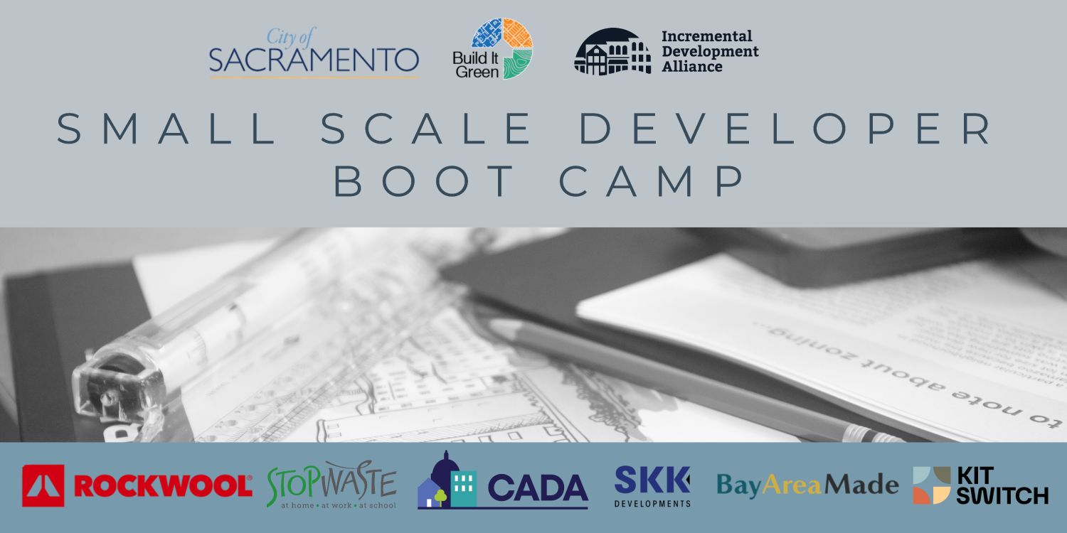 Image of pencil on top of building design. Text reads: Small Scale Developer Bootcamp. Sponsor logos border the top and bottom of the banner.